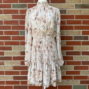 House of Harlow NWT 1960 Long Sleeve Cream Tan Floral Smocked Mini Dress 👗